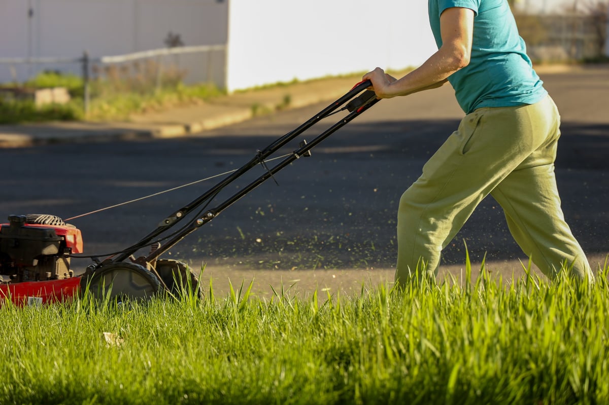 Worker mowing lawn for seasonal yard cleanup and maintenance