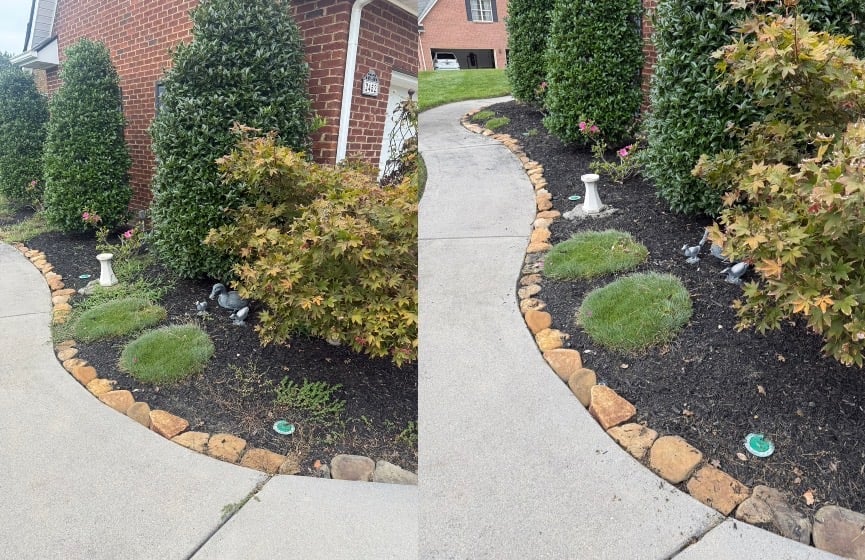 Aerial before and after — curved driveway framed by landscaped gardens, mulched beds, and stone borders