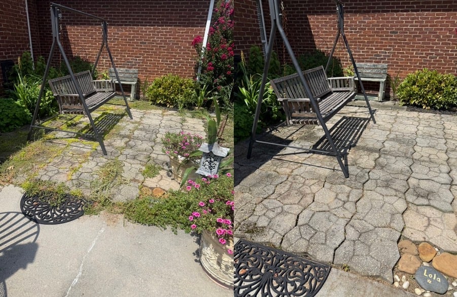 Before and after — brick patio cleared of overgrown weeds into clean pavers with hanging chairs and flowers